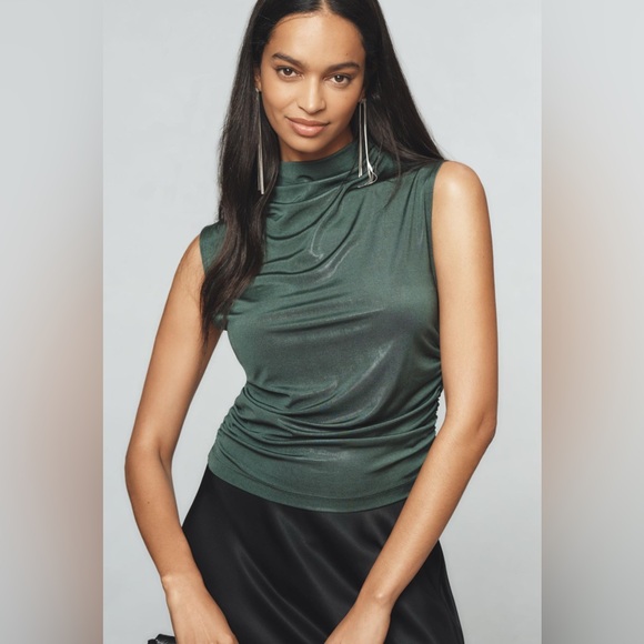 Maeve Green mock neck ruched shine Sleeveless Top - Picture 1 of 6